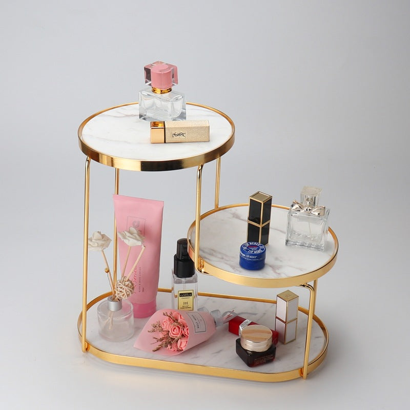 Natural Marble Three-Layer Gold Frame Cosmetic Storage Rack