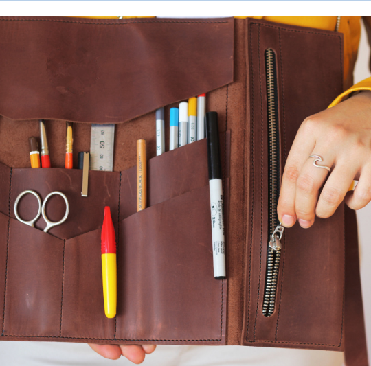 Genuine Leather Pencil Pen Roll Bag With Zipper