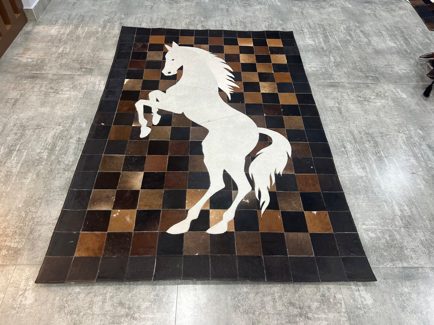 Horse Design Cowhide Patchwork Rug