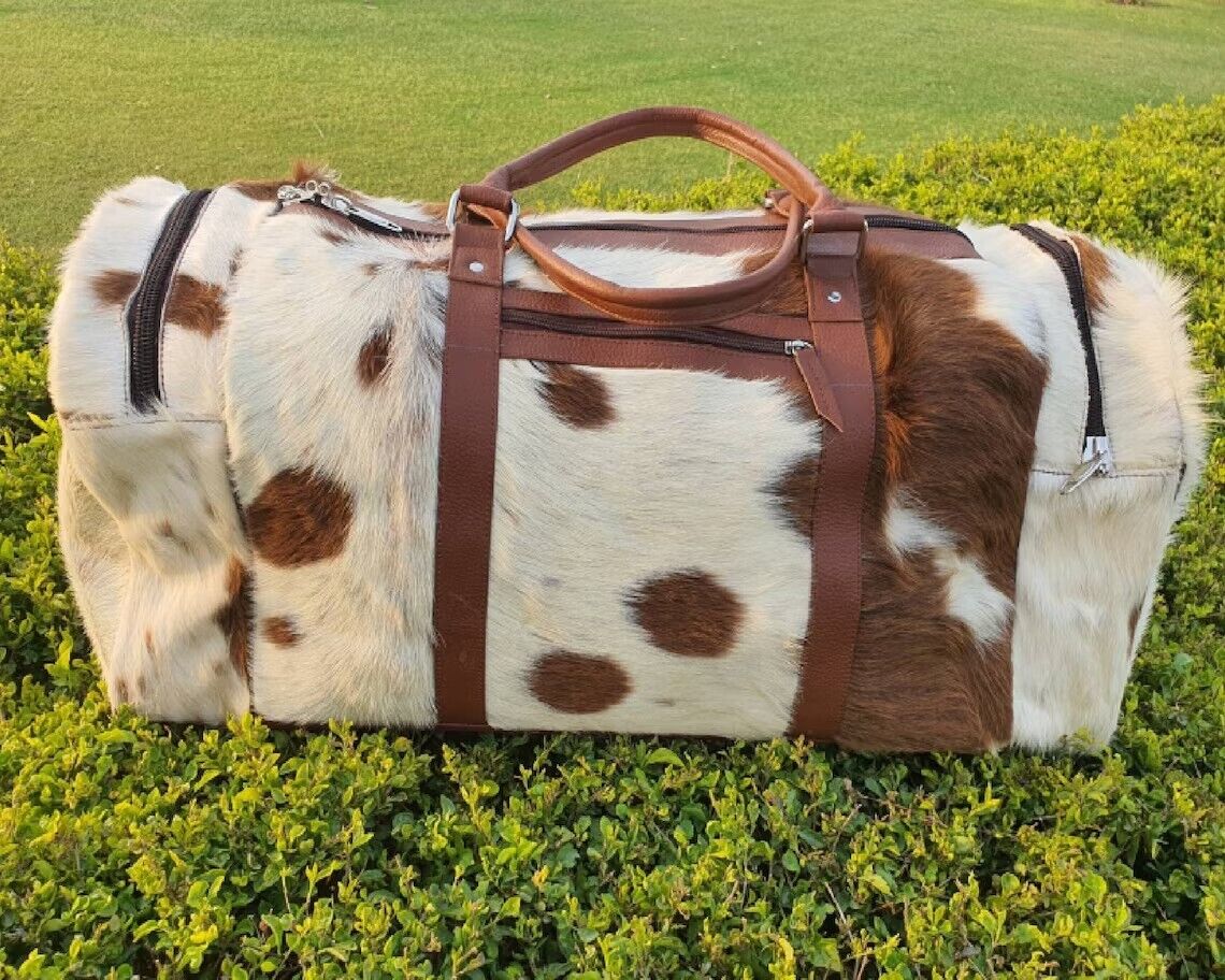 Cowhide Duffel Travel Bag Brown White