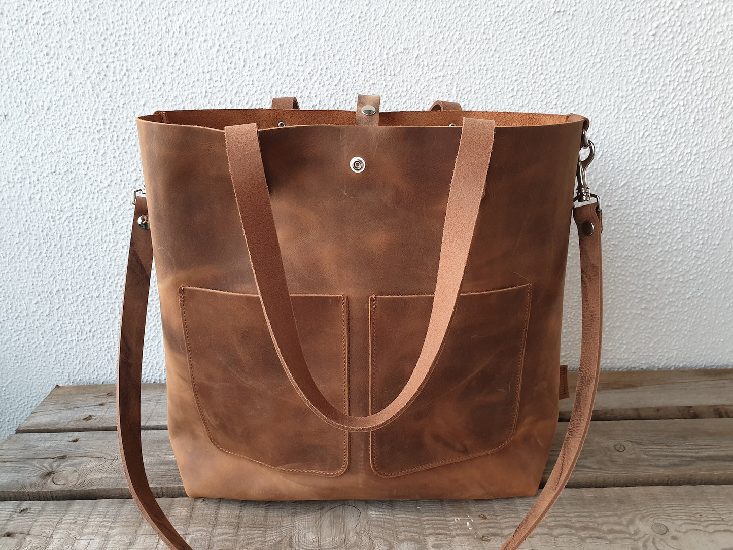 Large brown pull up leather tote bag