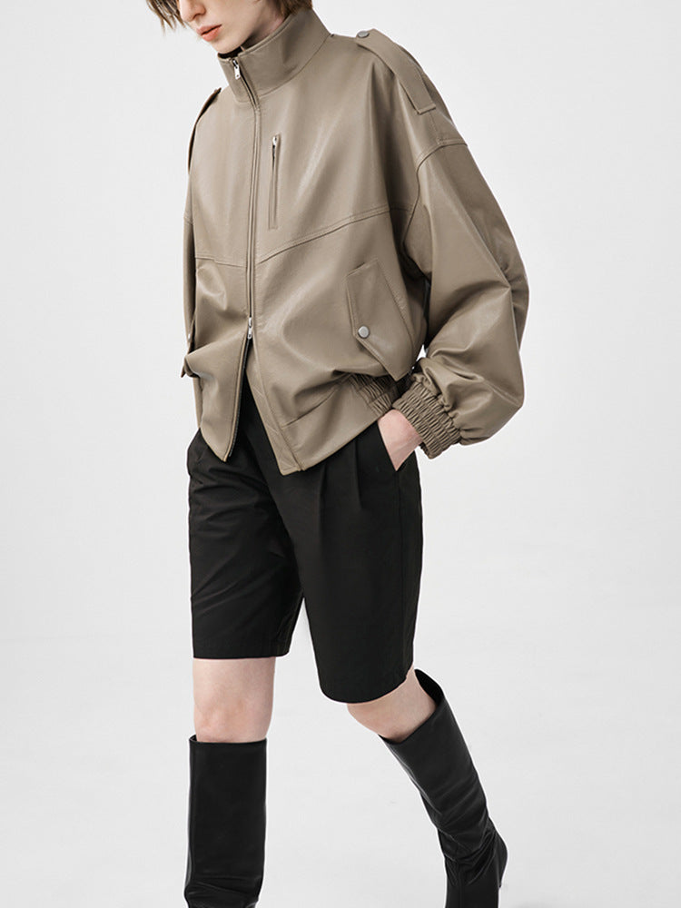 Women Leather Oversized Jacket Retro Stand Collar Motorcycle Coat