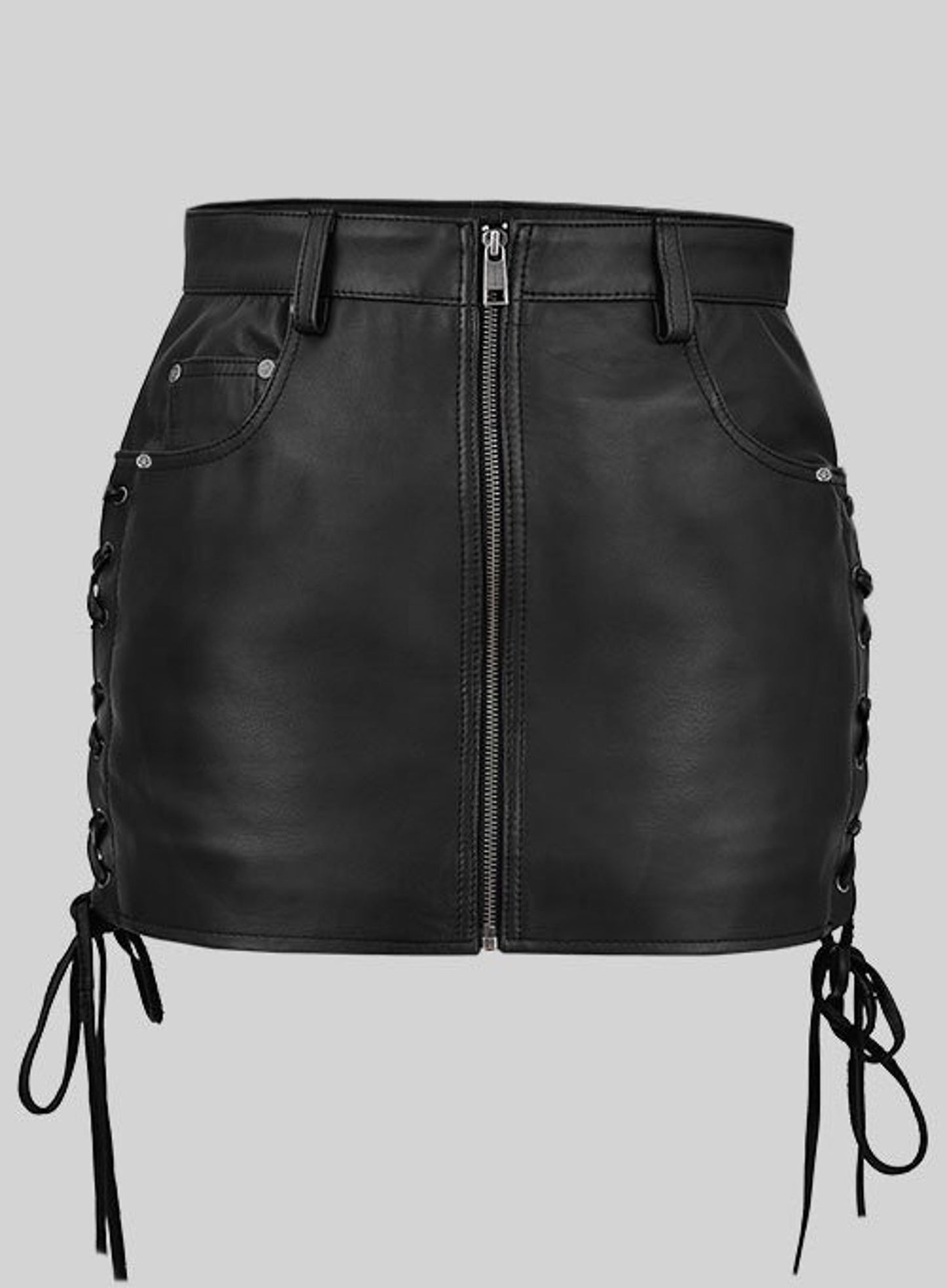 Real Leather Women Mini Skirt Side Lace Up