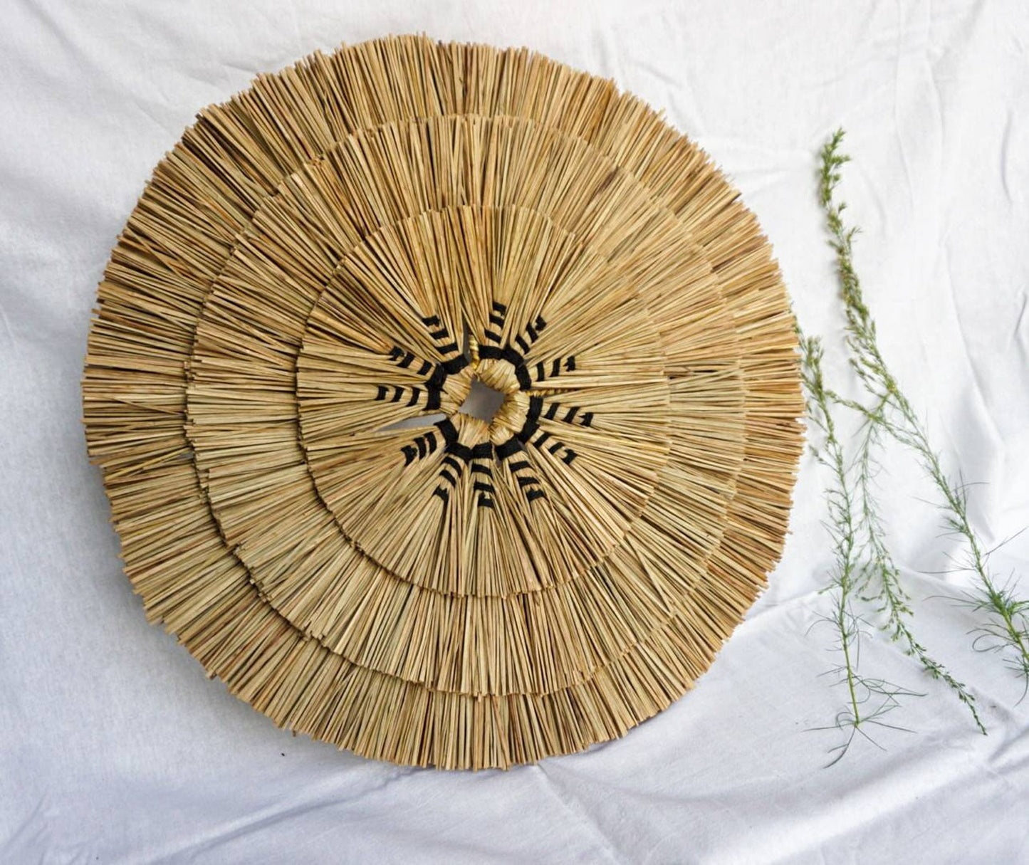 Black macrame seagrass round wall decor