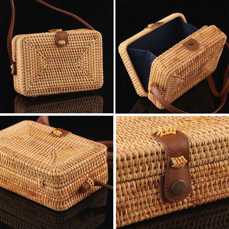 Handwoven Rattan Straw Sling Purse