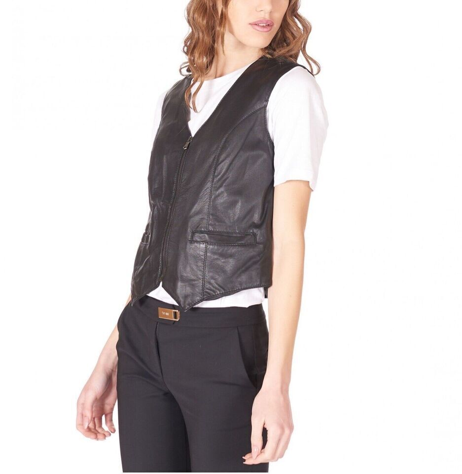 Black Leather Vest for Women Genuine Sleeveless Zip-Up Waistcoat