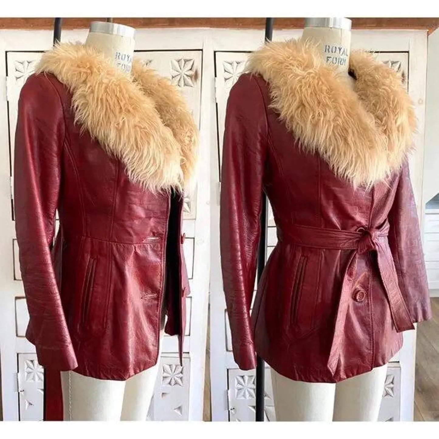 maroon leather jacket for women with fur