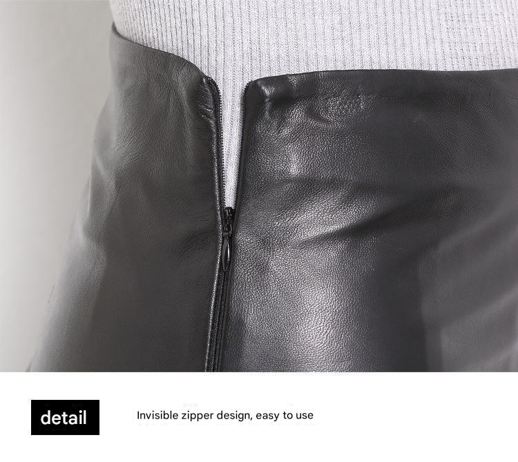High waisted leather skirt women’s sheepskin design. Black mini length with lace detail for day-to-night versatile styling.