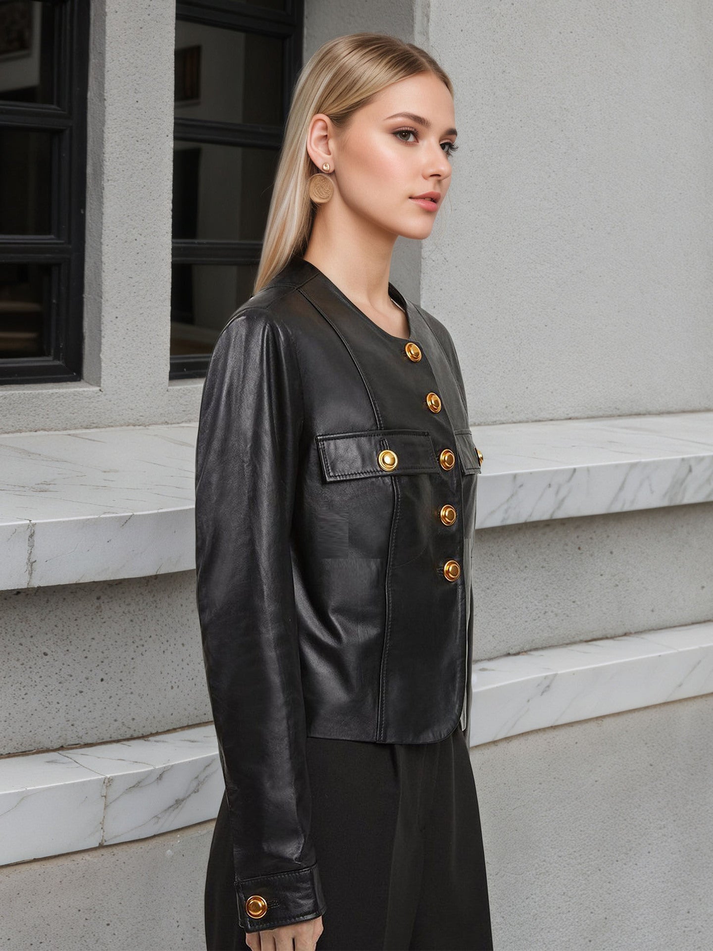 Cropped Faux Leather Jacket with Gold Buttons for Women