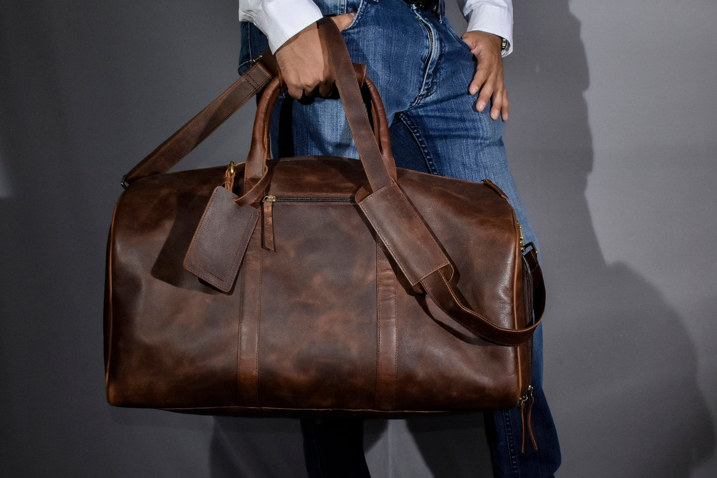Large Leather Overnight Duffle Bag with Shoe Compartment