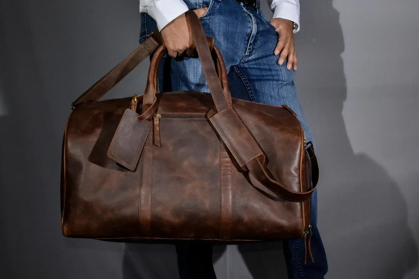 Large Leather Overnight Duffle Bag with Shoe Compartment