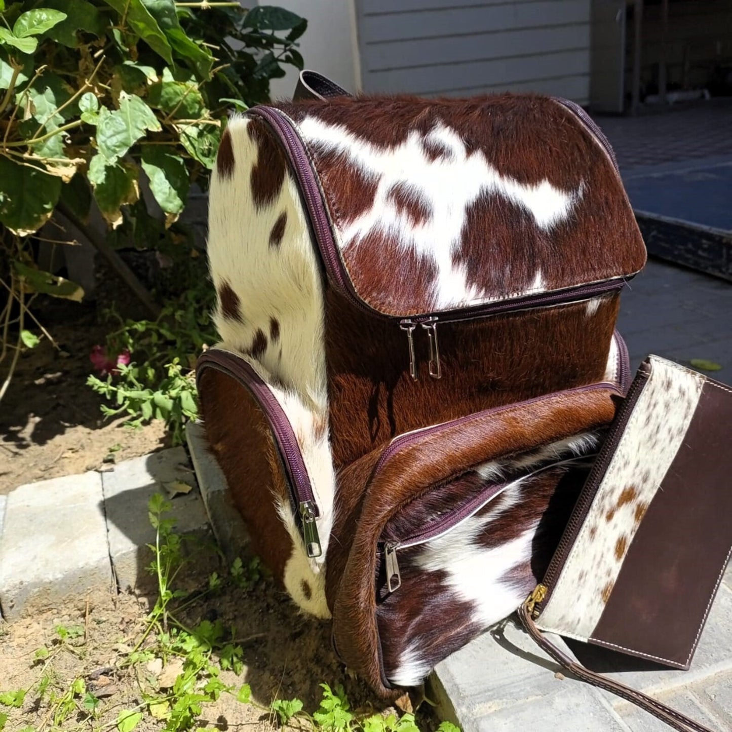 Tricolor Cowhide Backpack With Pouch