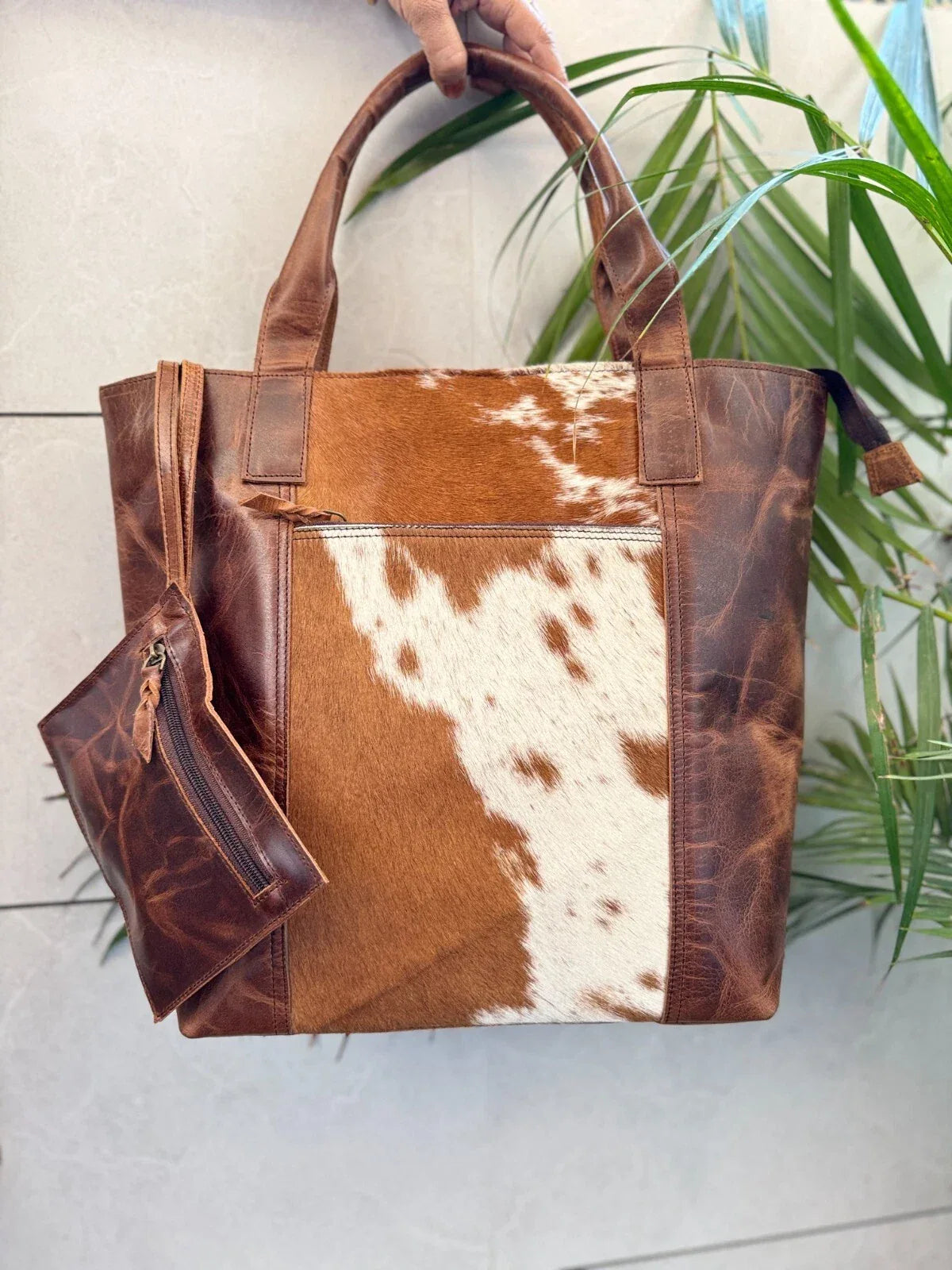 large cowhide tote bags brown white