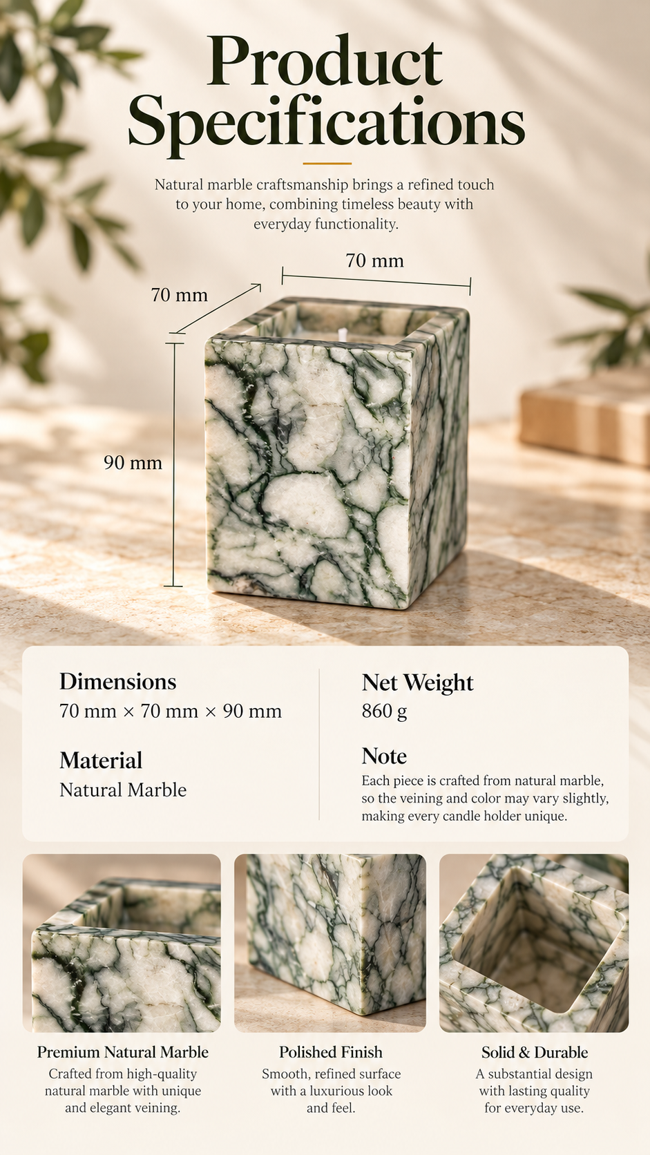 Green Veined Natural Marble Candle Holder with Square Open Top
