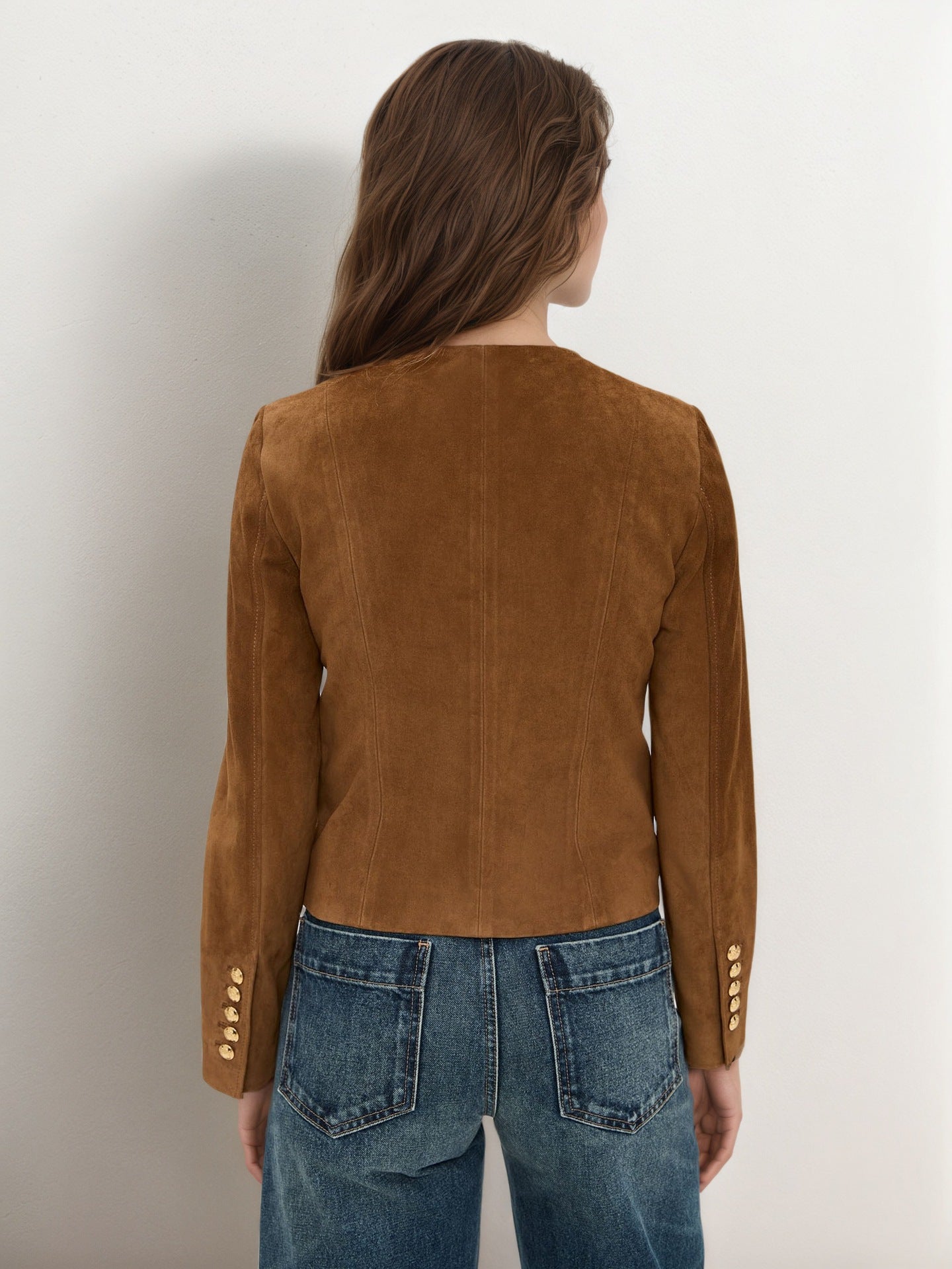 Brown Faux Suede Jacket Womens with Gold Buttons