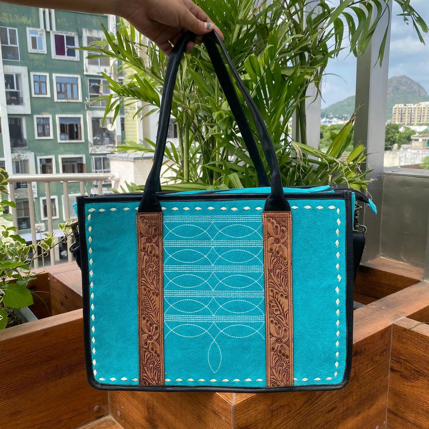 Turquoise Suede Tooled Leather Tote Bag