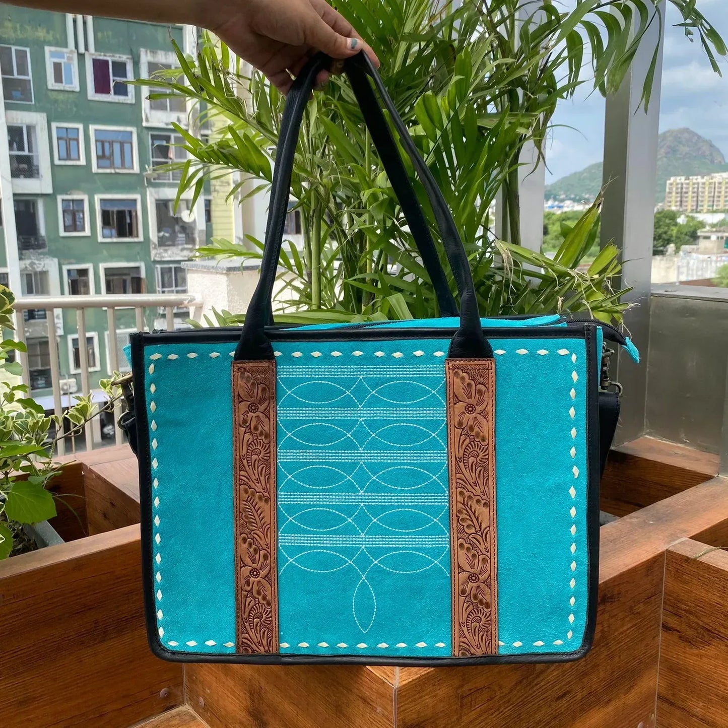 Turquoise Suede Tooled Leather Tote Bag