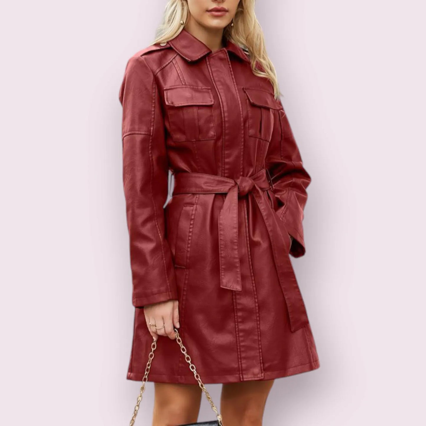 Women's Genuine Leather Trench Coat Jacket
