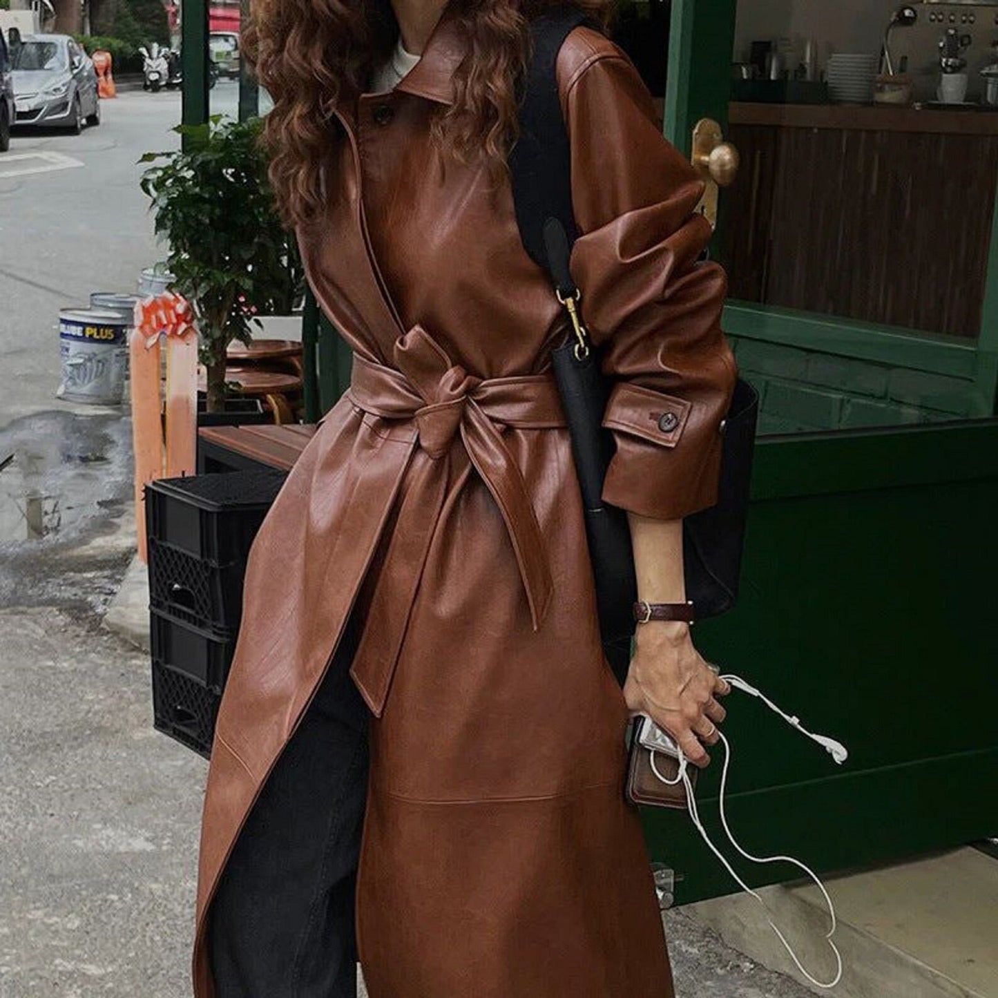 Brown Leather Trench Coat for Women with Belted Waist