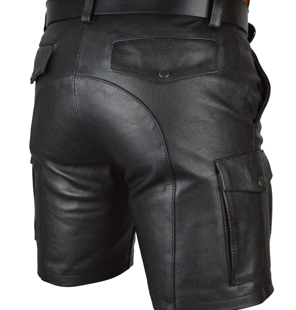 Men real cowhide leather cargo shorts