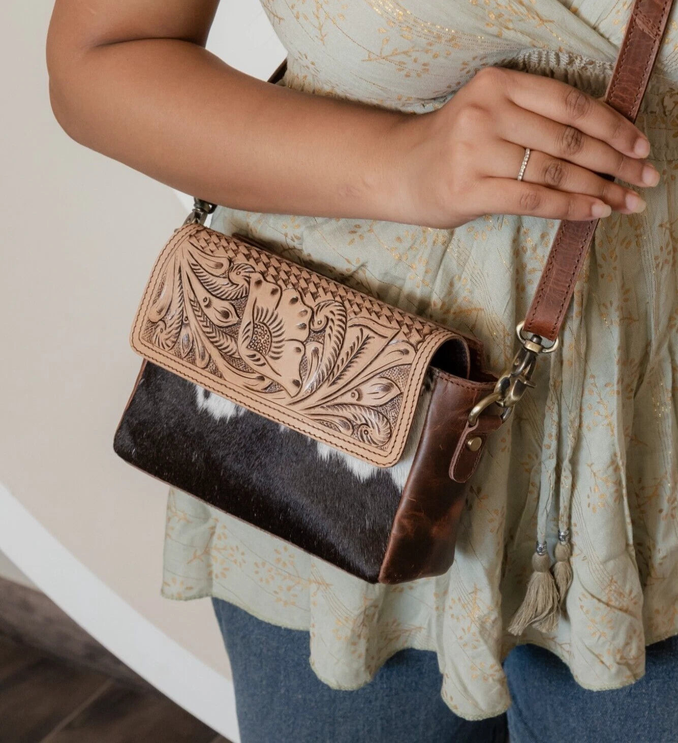 Small Hand Tooled Leather Bag with Western Floral Carving