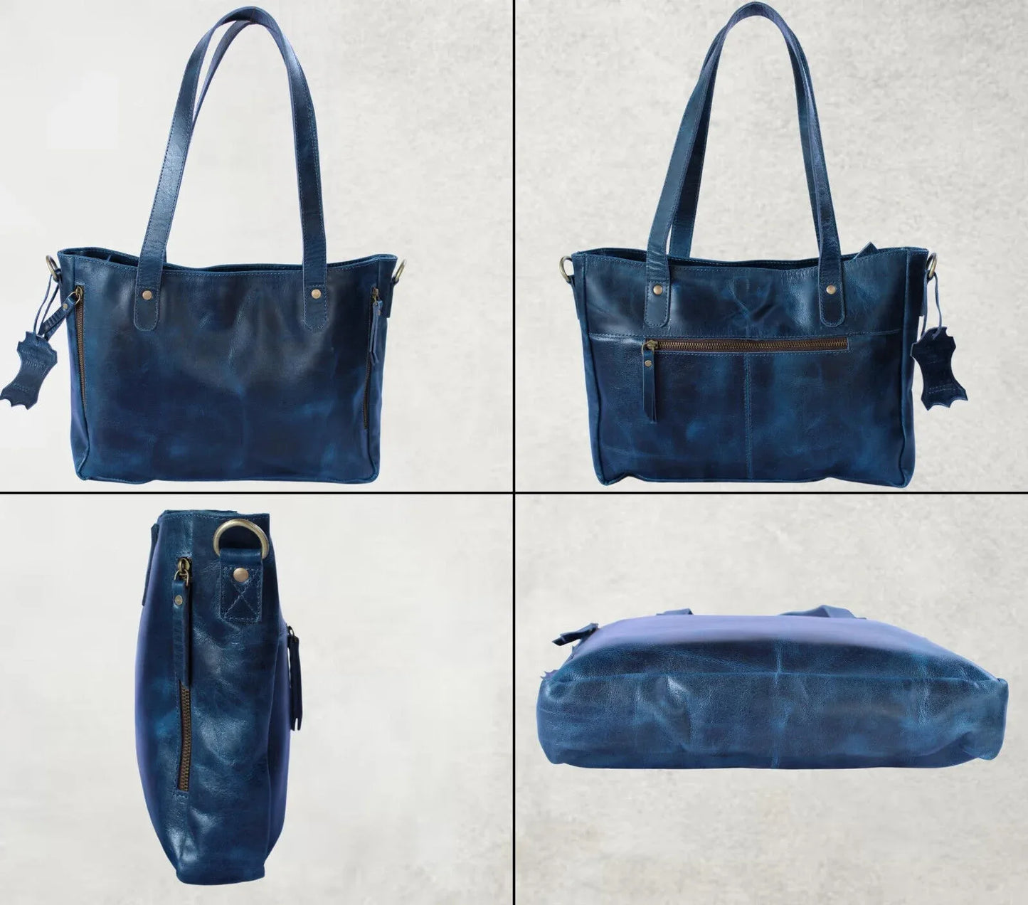 Blue Leather Tote Handbag