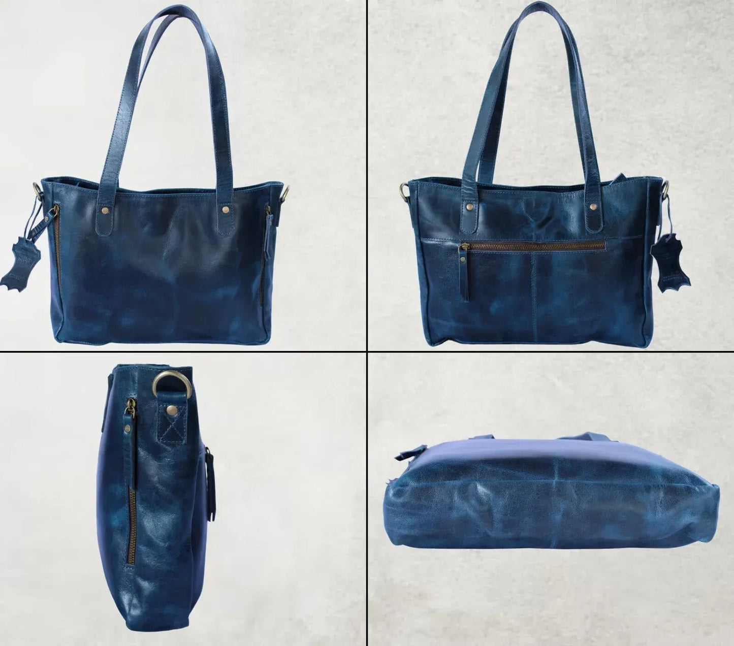 Blue Leather Tote Handbag