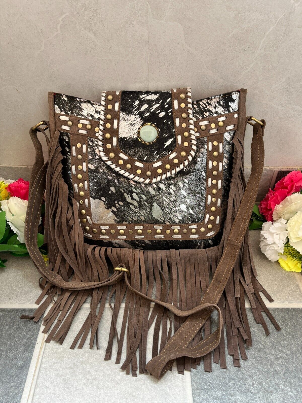 Metallic Cowhide Crossbody Purse With Leather Fringe
