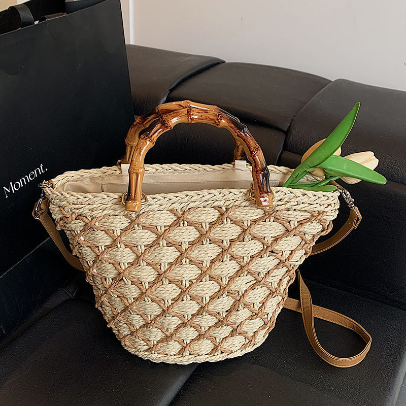 Woven Beach Summer Tote Bag with Bamboo Handles