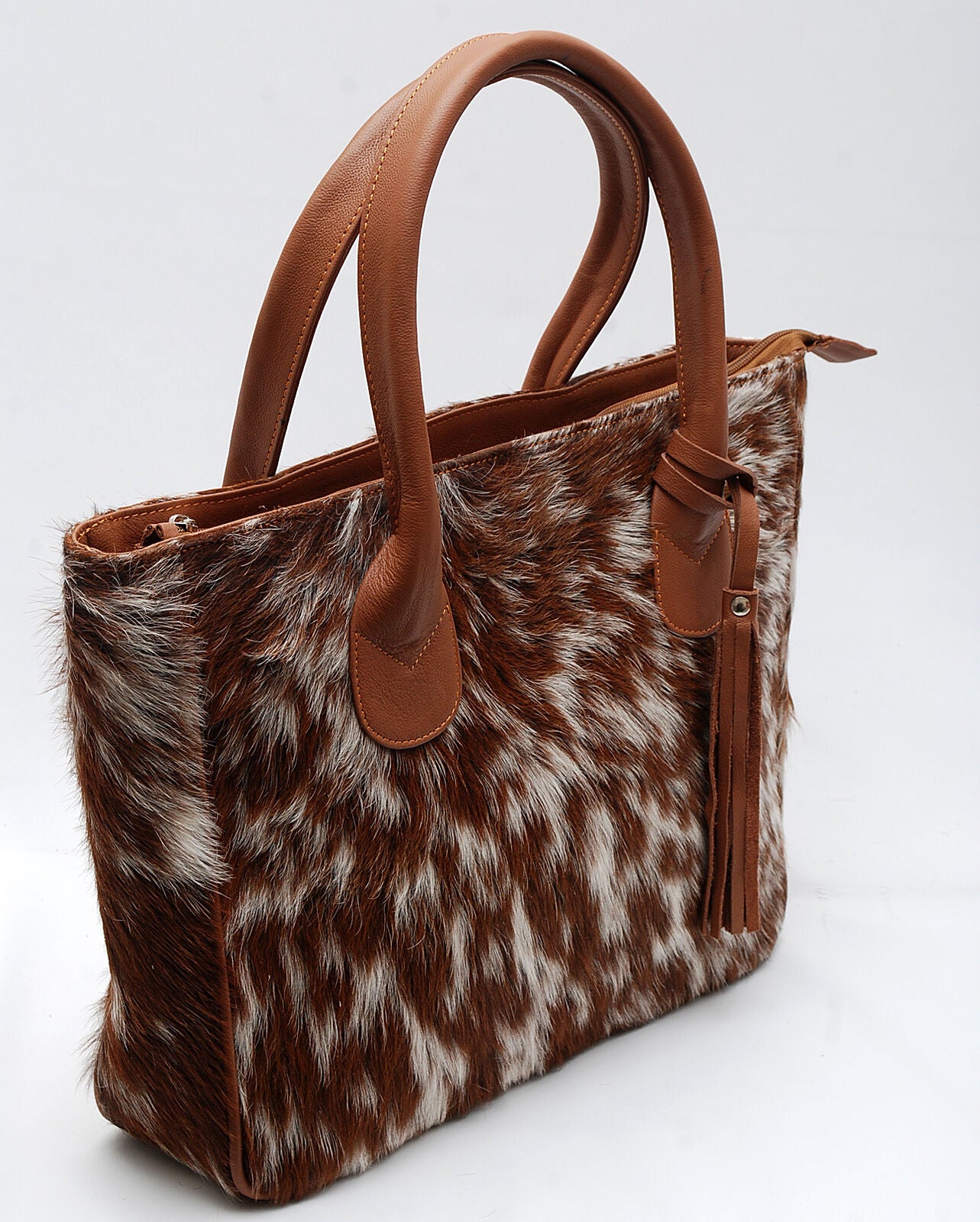 Large Brown White Cow Fur Shoulder Purse