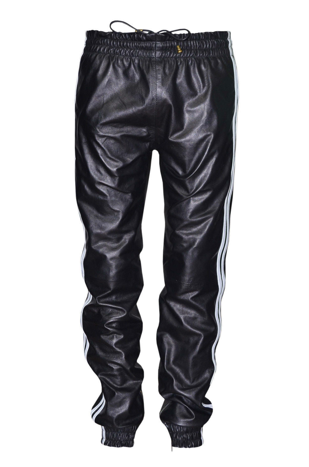 Men’s Leather Jogger Pants with Stripes and Zip Ankle