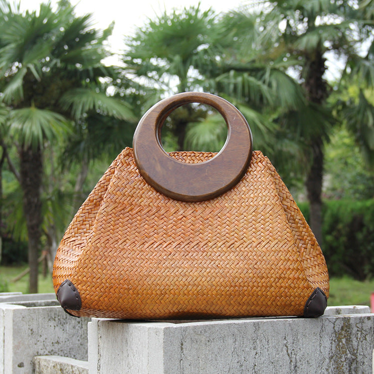 Women’s Woven Rattan Straw Handbag with Wooden Handle