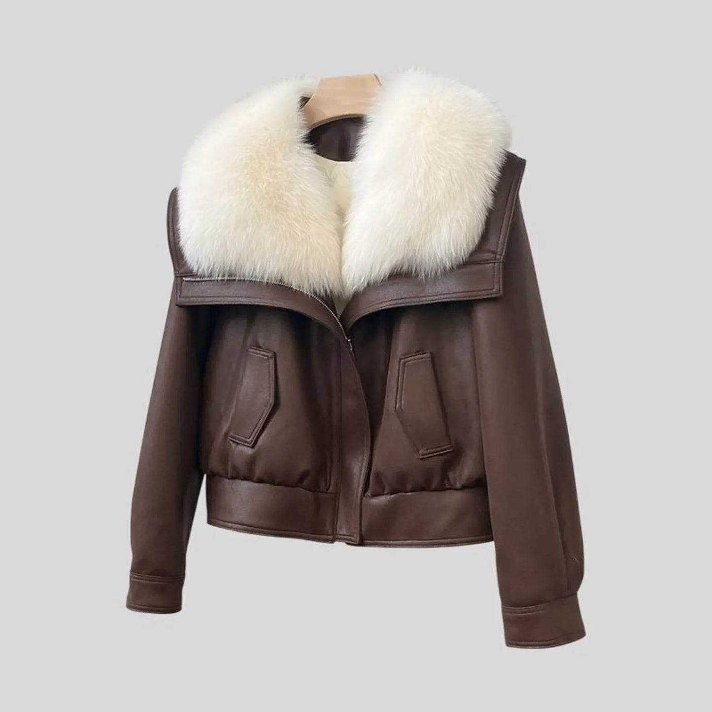 brown leather Shearling Fur Jacket Women's