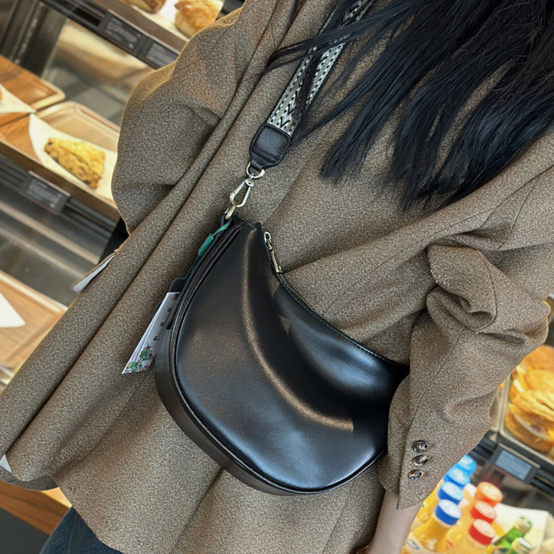 Leather Shoulder Bag Half-Moon Purse with Wide Strap
