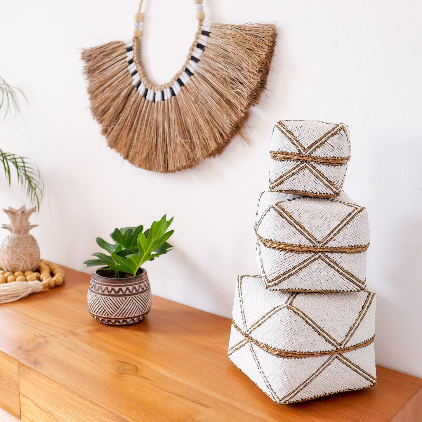 Hand woven bamboo beaded box set