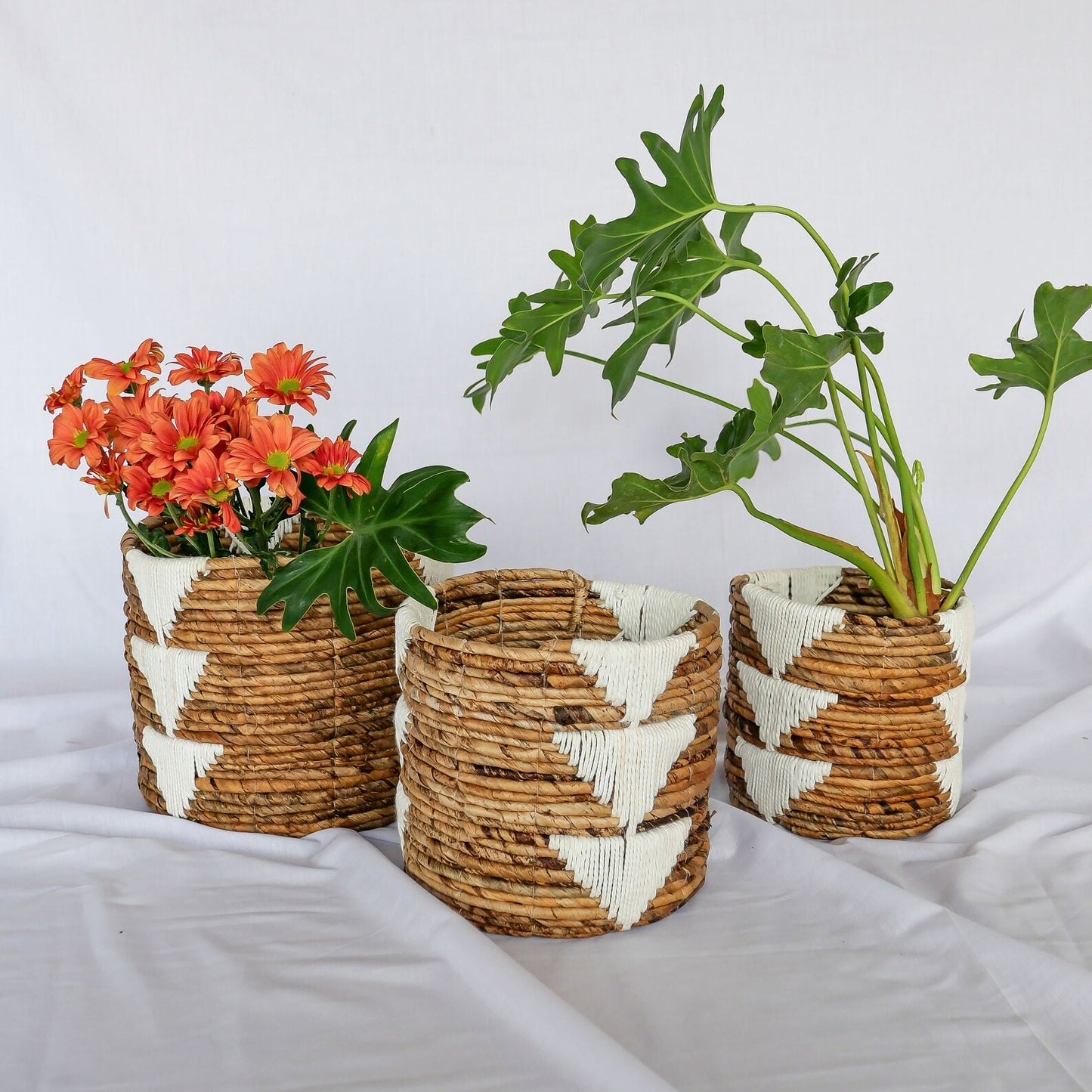 banana bark and white organic cotton macrame indoor planter