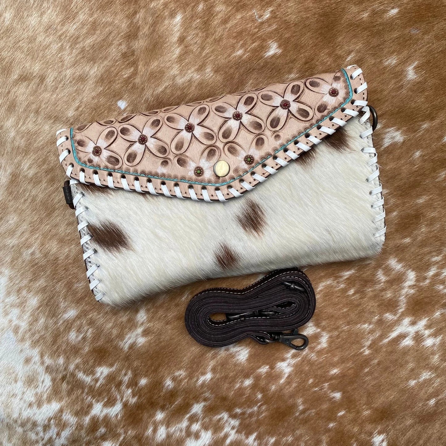 Genuine Cowhide Fur Tooled Leather Crossbody Clutch