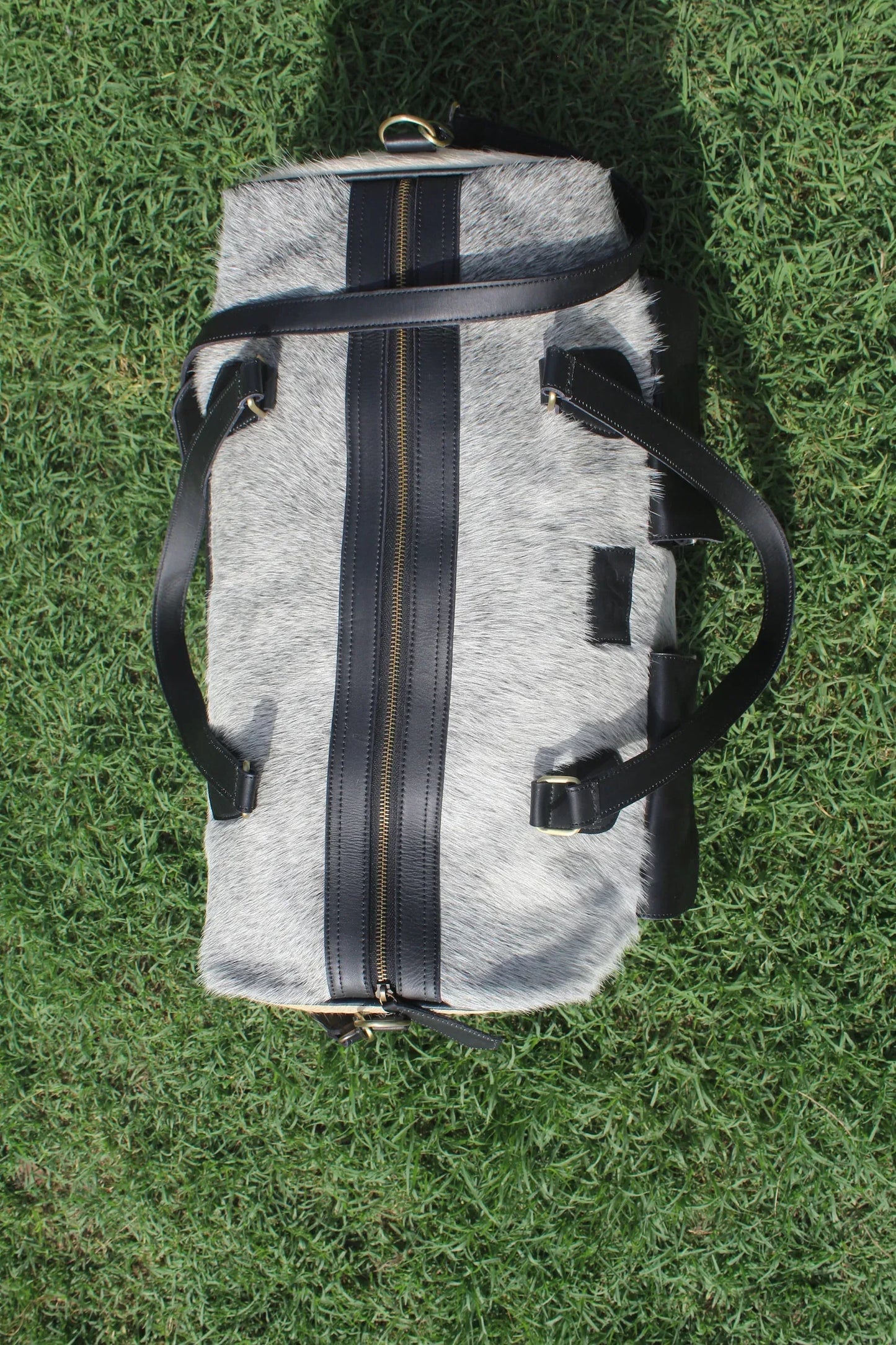 Grey White Hair On Cowhide Duffle Bag