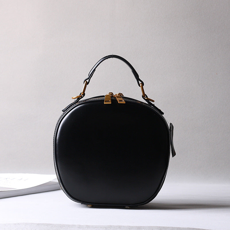 Brown Leather Messenger Bag Round Crossbody Office Purse