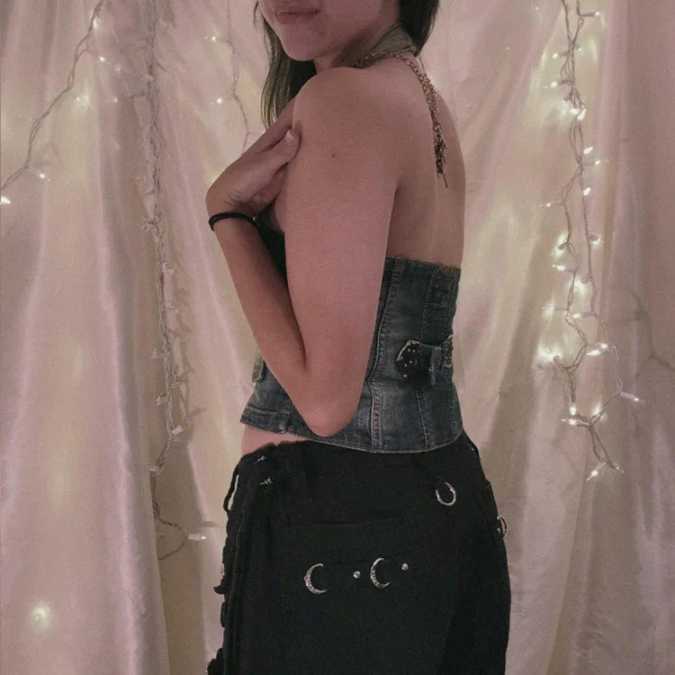 Women’s Denim Corset Halter Top Retro Distressed