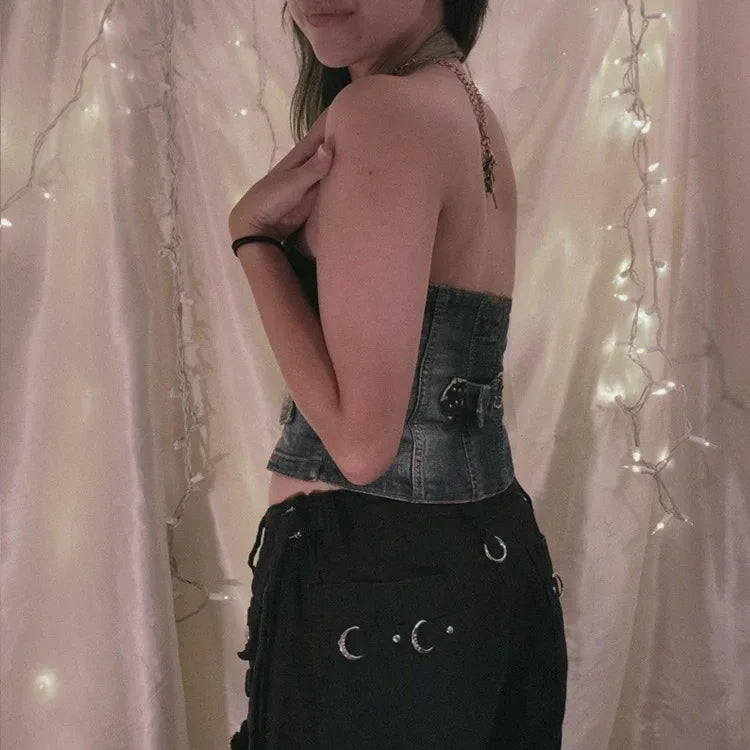 Women’s Denim Corset Halter Top Retro Distressed