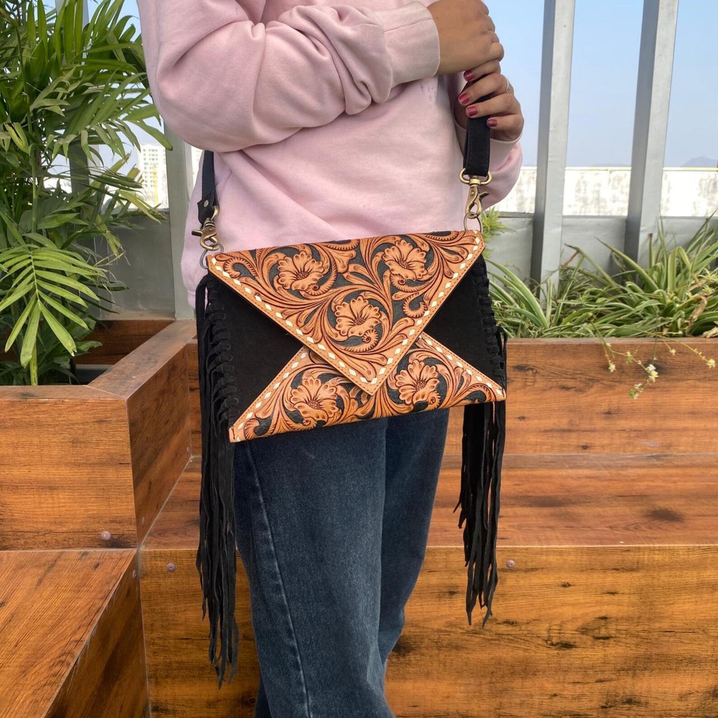 Suede Tooled Leather Crossbody Sling Purse