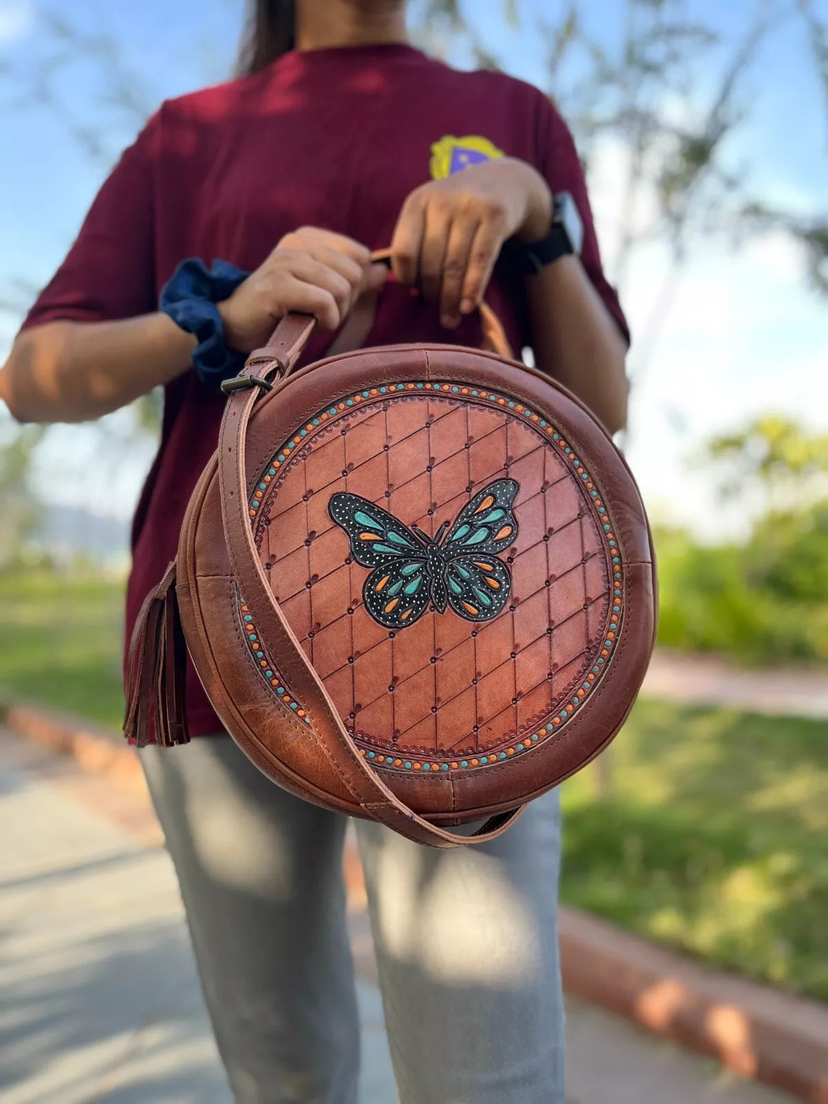 Hand Tooled Carving Leather Crossbody Bag