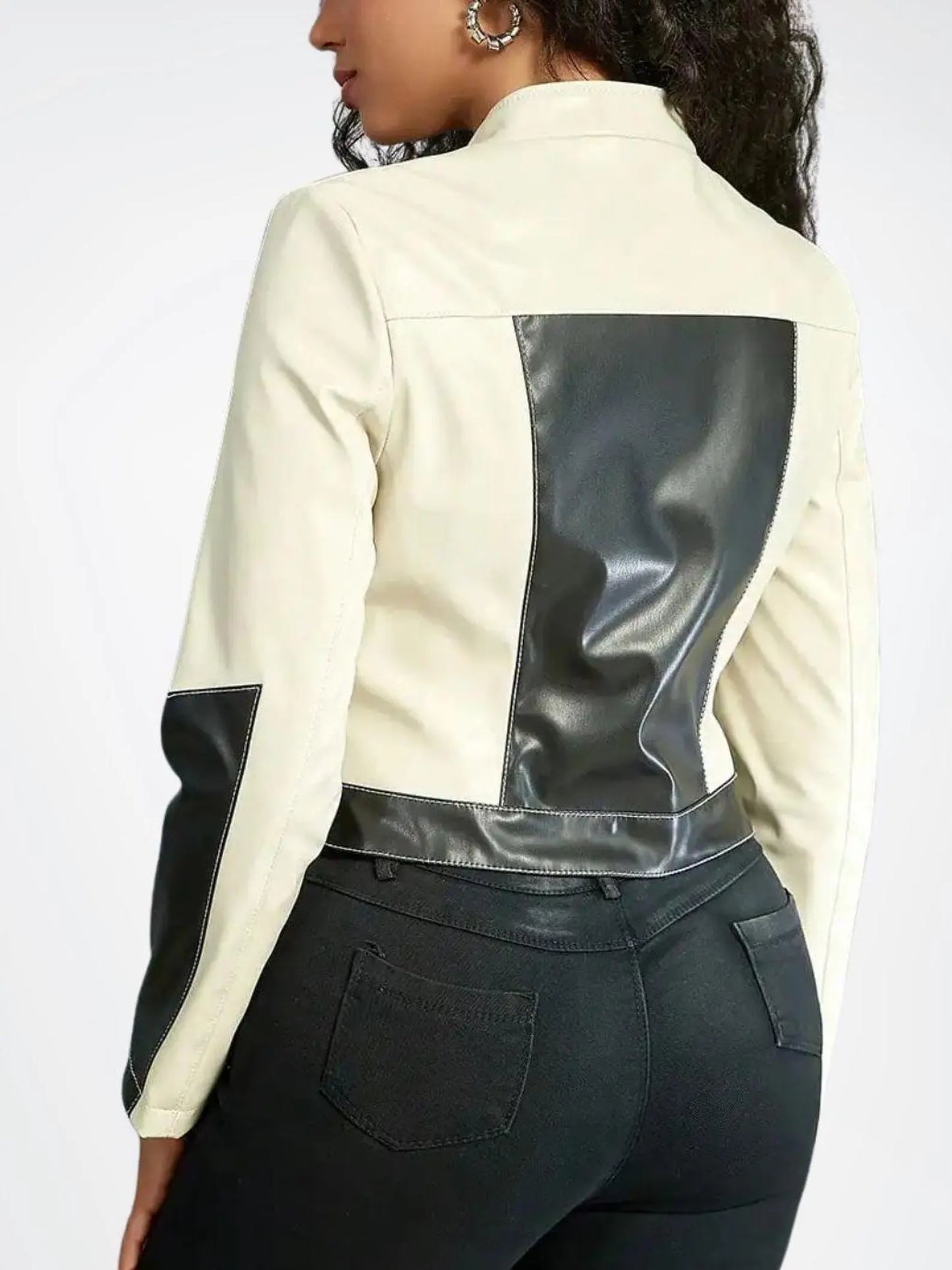 women leather bikers jacket black white