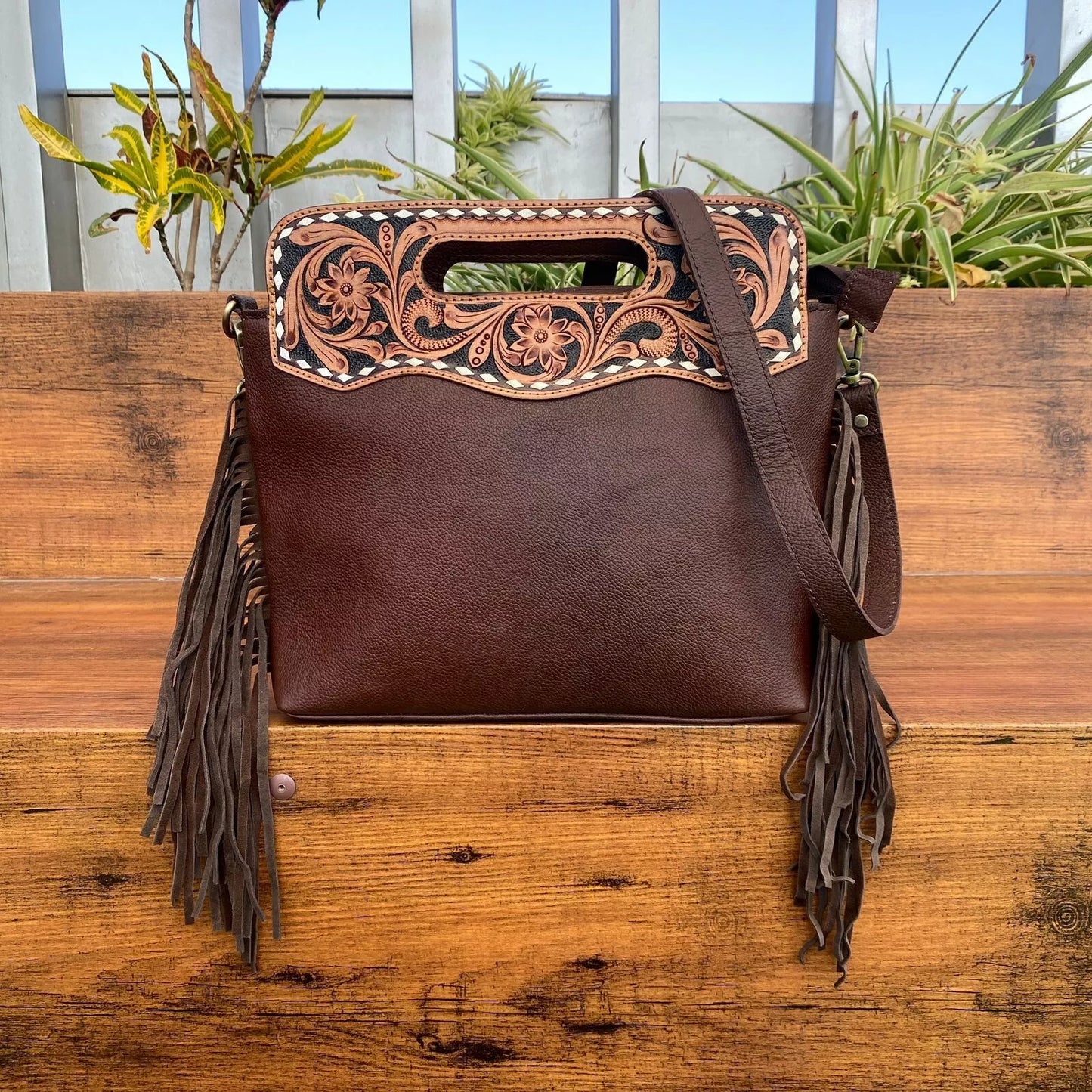 boho tooled hand carved leather messenger bag