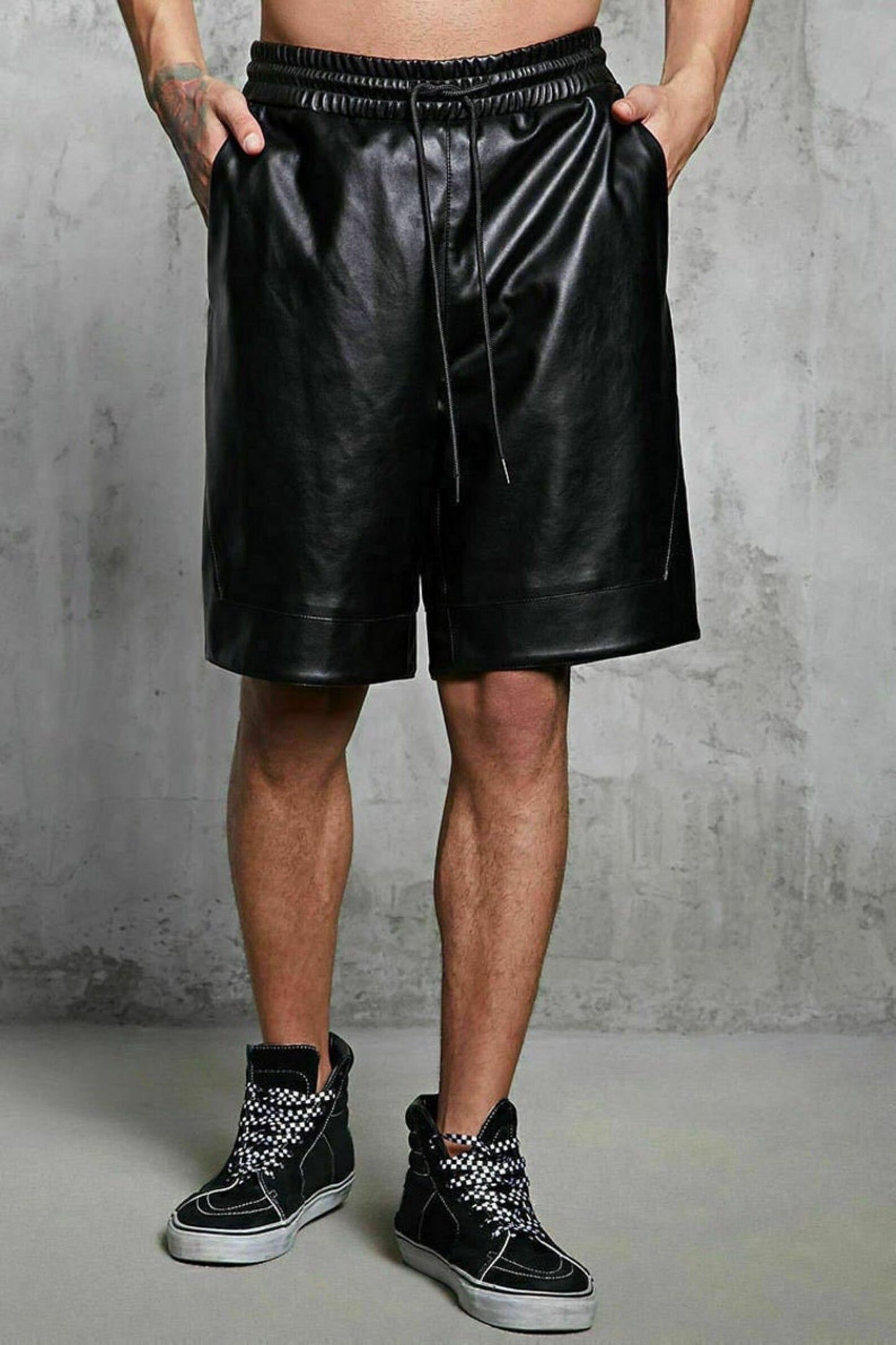 Men Black Genuine Leather Shorts with Drawstring Waist