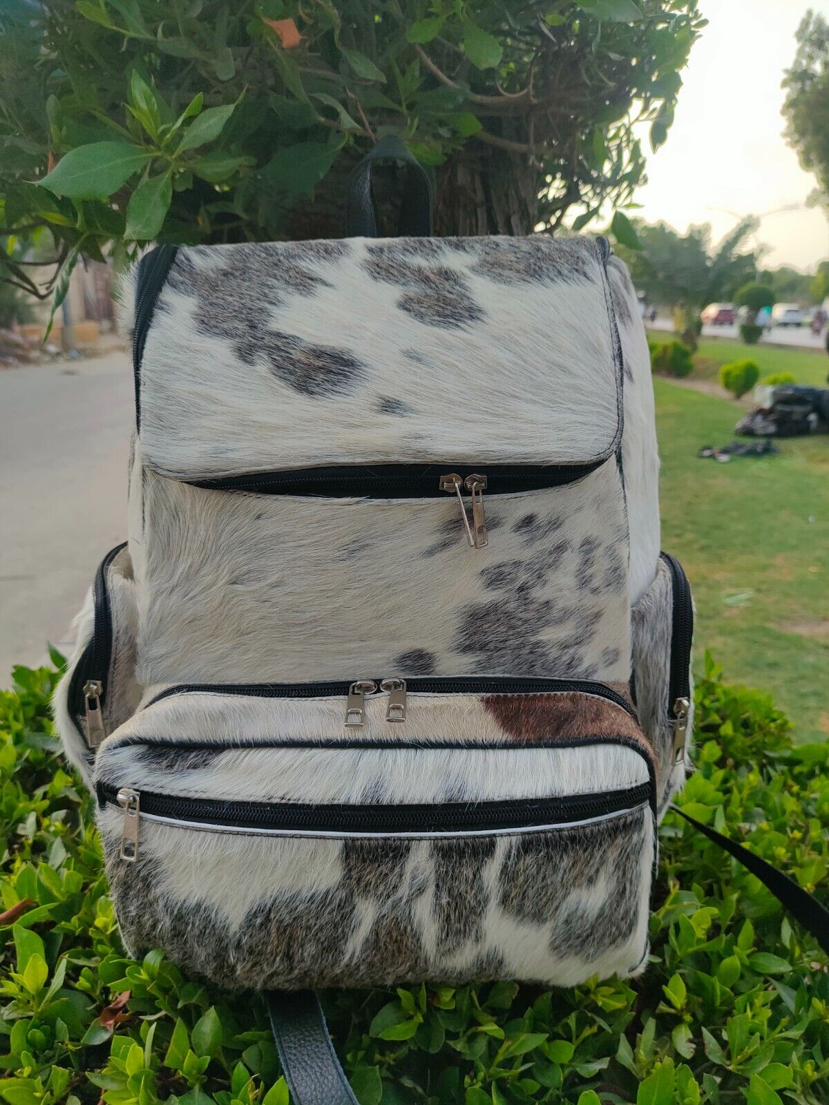Real Hair On Cowhide Backpack Grey White