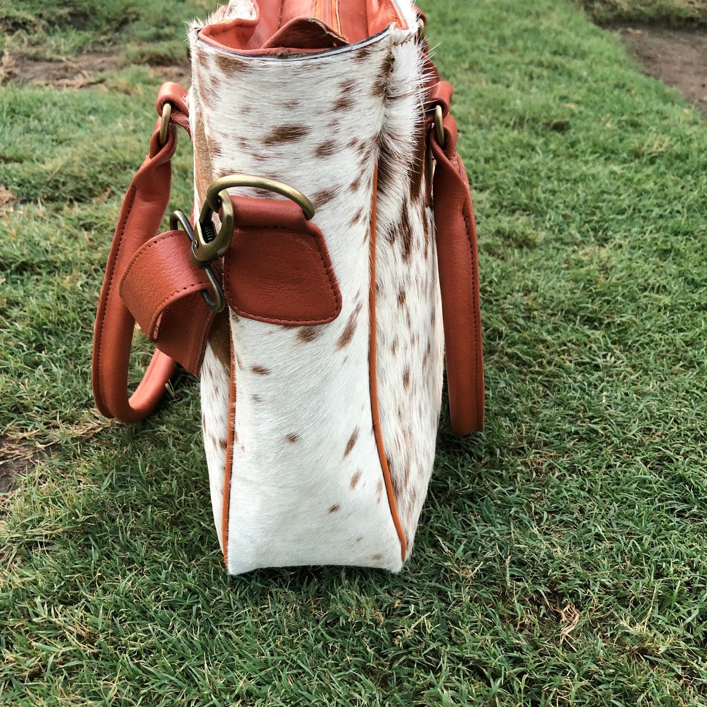 Brown and White Cowhide Messenger Bag with Leather Strap