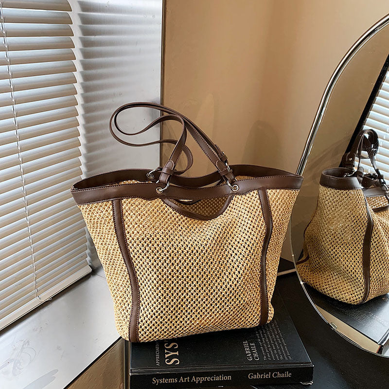 Woven Straw Beach Bag with PU Leather Trim