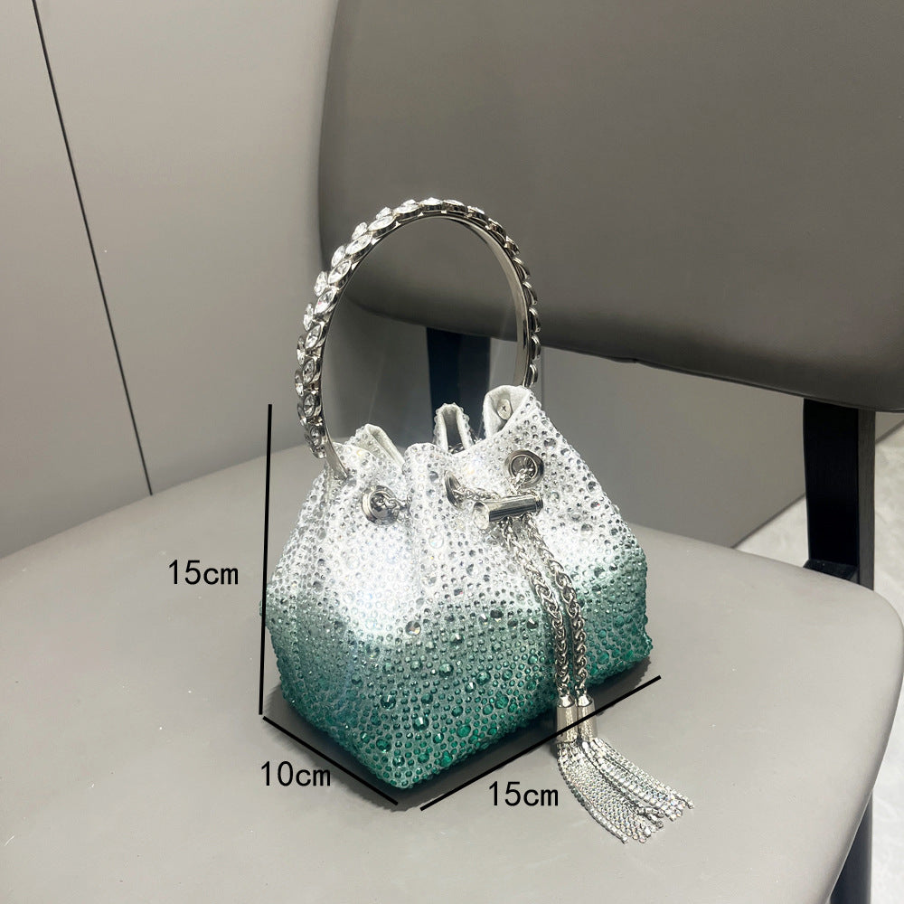 Rhinestone Mini Bucket Bag with Tassel Chain